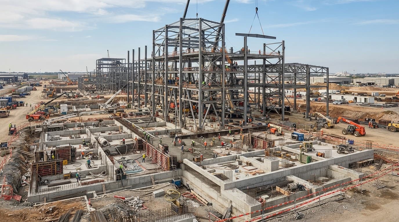 Beton temel ve çelik imalatların sürdüğü büyük ölçekli şantiye